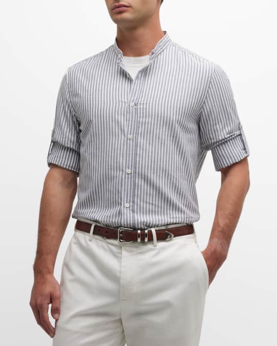 Brunello Cucinelli Men's Cotton-Linen Band Collar Sport Shirt | Neiman ...