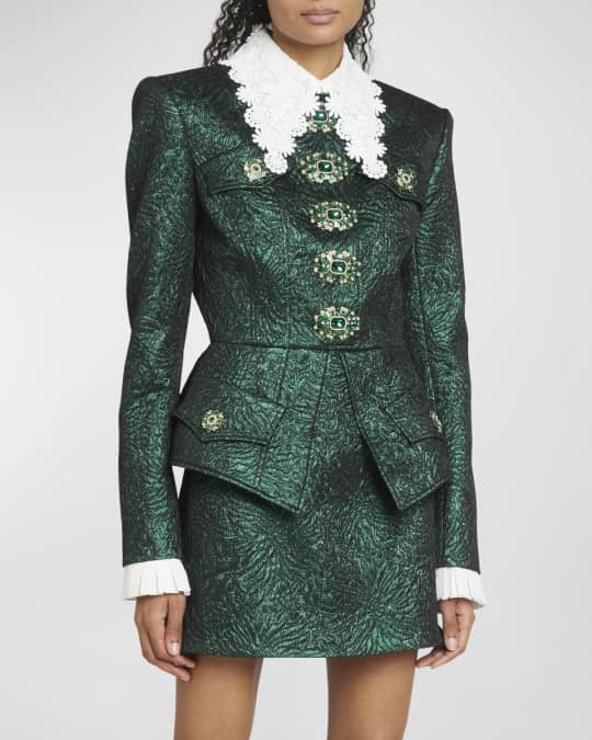 Andrew Gn Floral Lace-Collar Metallic Brocade Peplum Mini Shirtdress |  Neiman Marcus