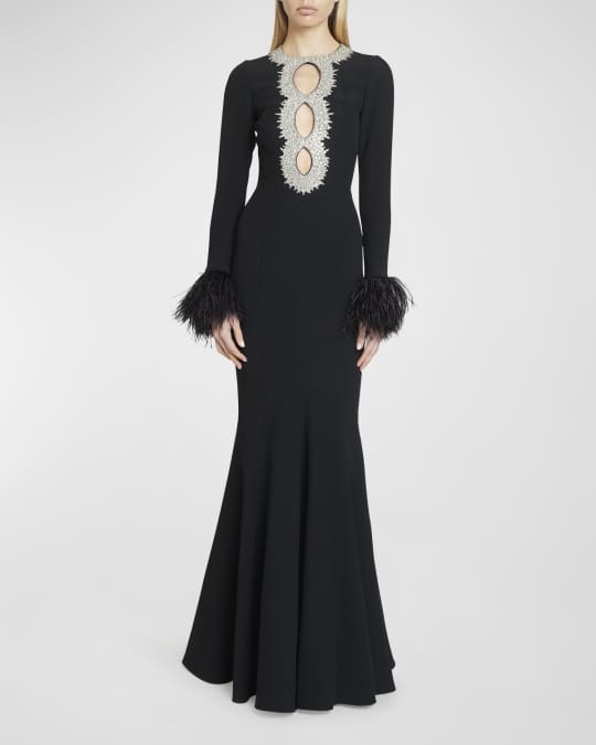 Andrew Gn Crystal-Keyhole Long-Sleeve Feather-Trim Woven Gown | Neiman ...
