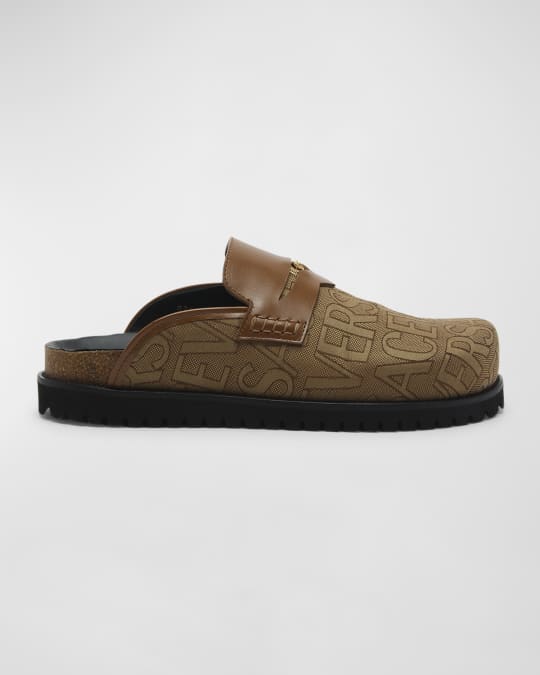 Versace Men's Jacquard Logo Medusa Mules | Neiman Marcus Versace Men's Jacquard Logo Medusa Mules | Neiman Marcus