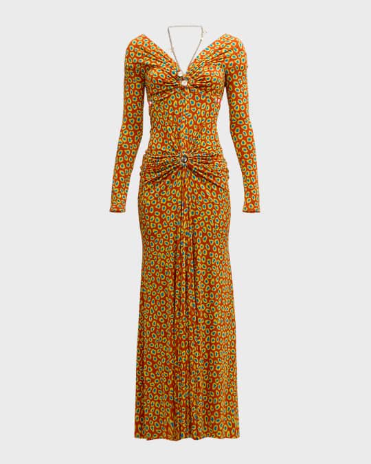 rabanne orange dress rabanne Orange Drape Pression Maxi Dress