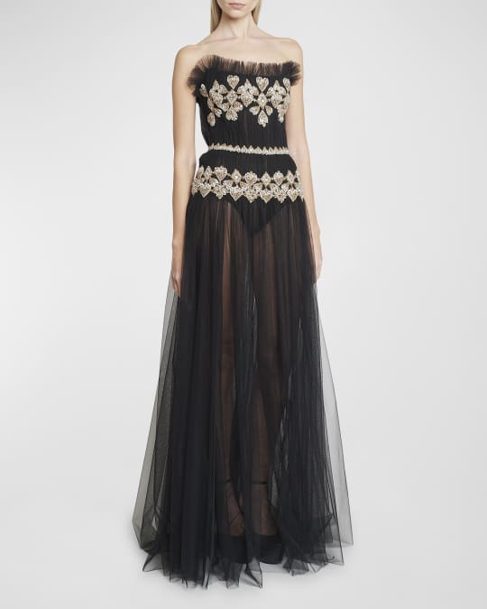 Crystal Embroidered Detachable Sleeves Off The Shoulder Tulle Gown