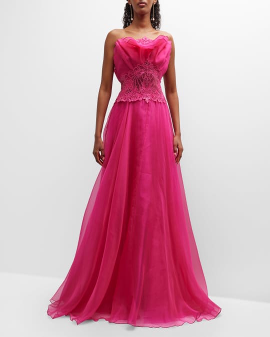 Tadashi Shoji Strapless Lace Tulle A Line Gown Neiman Marcus