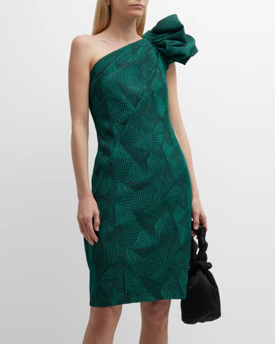 Tadashi Shoji Pleated One-Shoulder Flower Midi Dress Neiman Marcus