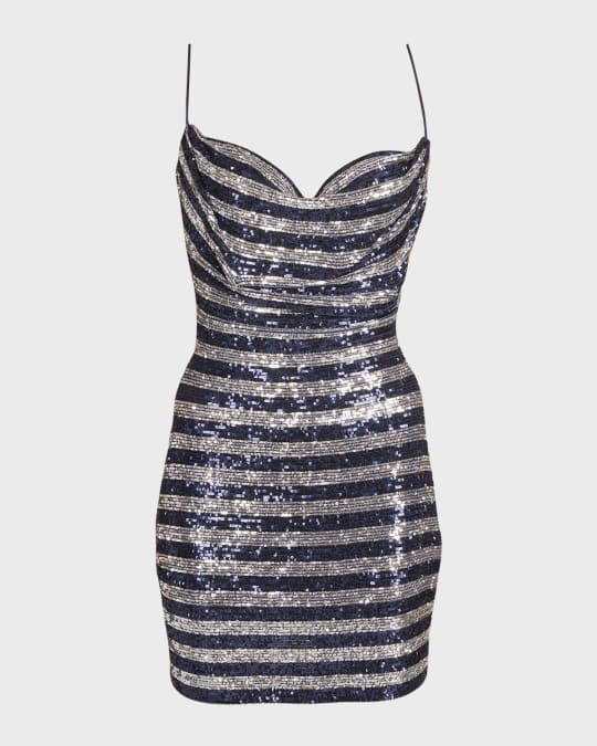 Sequin Striped Cowl Neck Mini Dress
