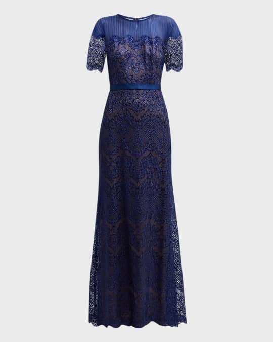 Elbow Sleeve A Line Lace Gown