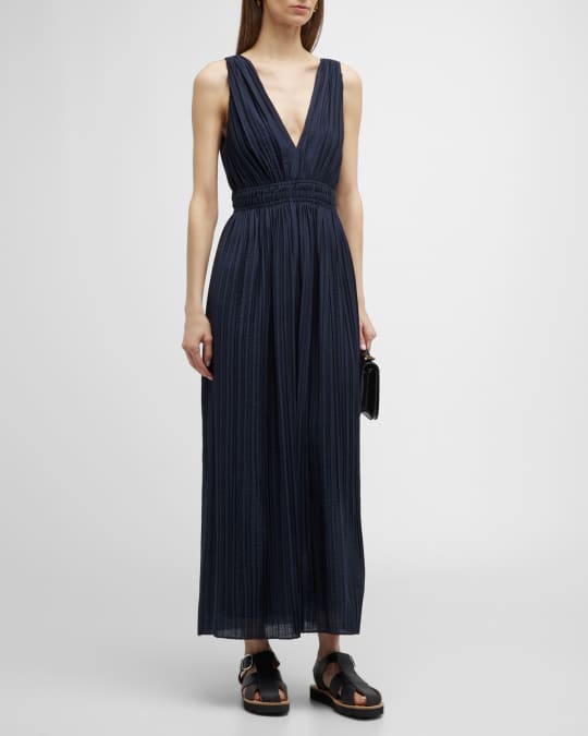 Vince Pleated Double V Neck Sleeveless Midi Dress Neiman Marcus