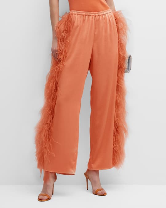 Orange Silk Satin Feather Top and Wide Leg Pants for Women