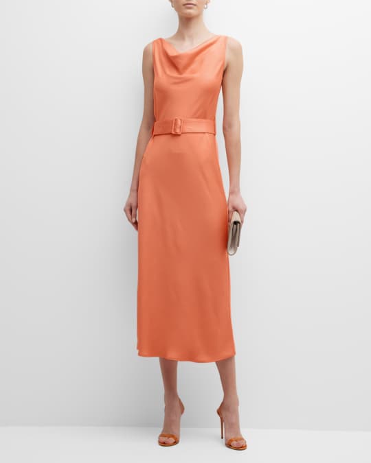LAPOINTE Cowl-Neck Belted Satin Bias Midi Dress | Neiman Marcus
