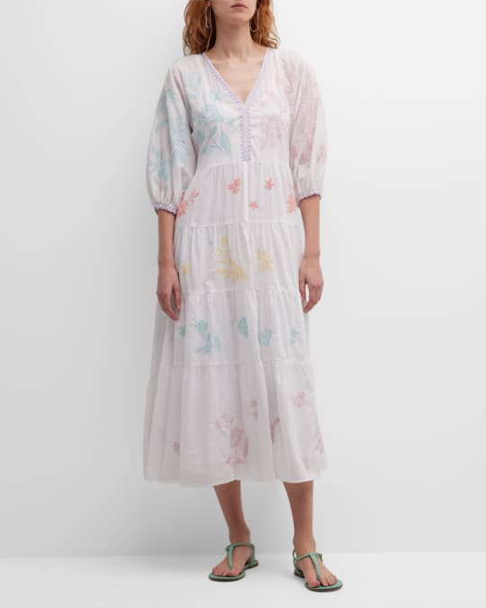 Johnny Was Hazel Tiered Floral Embroidered Midi Dress Neiman Marcus