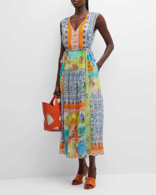 Johnny Was Lylarae Natania Patchwork Print Midi Dress Neiman Marcus