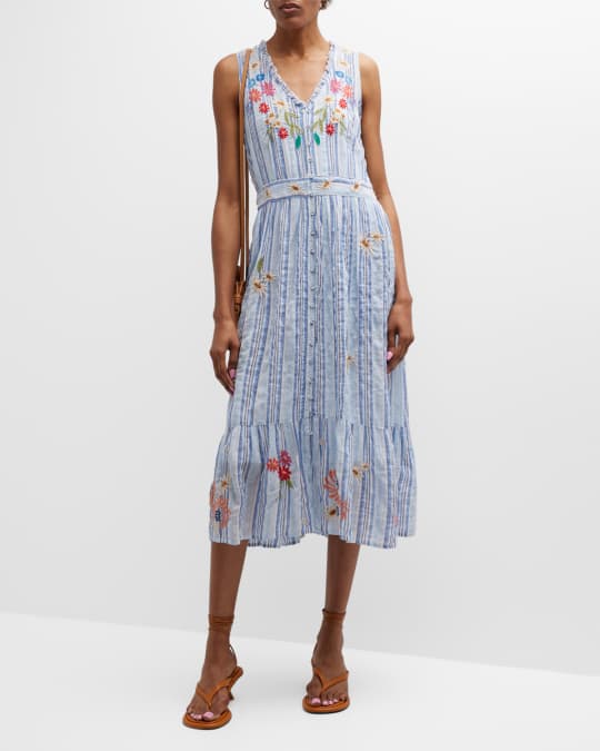 Johnny Was Marissa Striped Floral-Embroidered Midi Dress | Neiman Marcus
