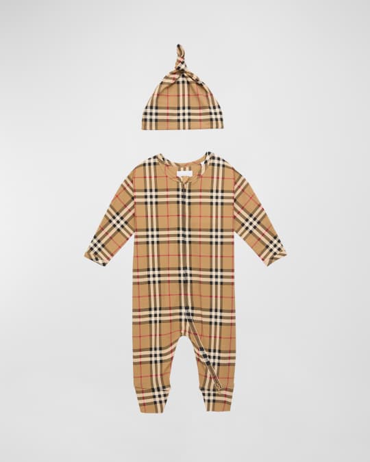 Burberry Kid's Claude Check-Print Coverall & Hat Set, Size Newborn