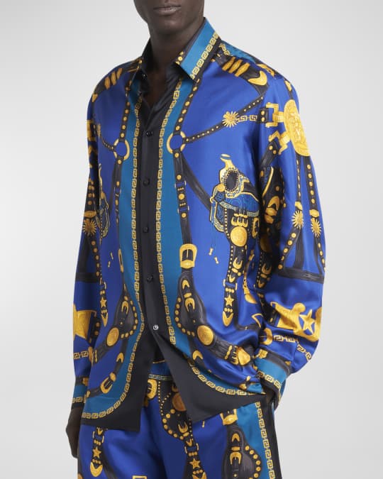 Versace Men's Medusa Harness-Print Silk Sport Shirt | Neiman Marcus