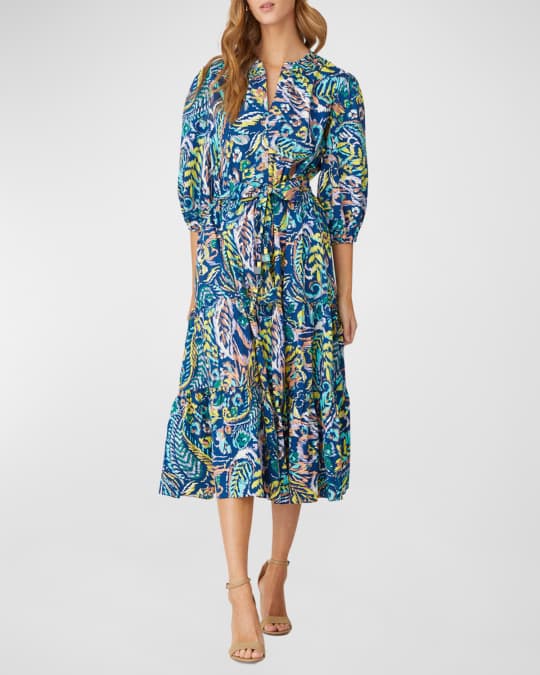 Shoshanna Sunny Tiered Abstract-Print Midi Dress | Neiman Marcus