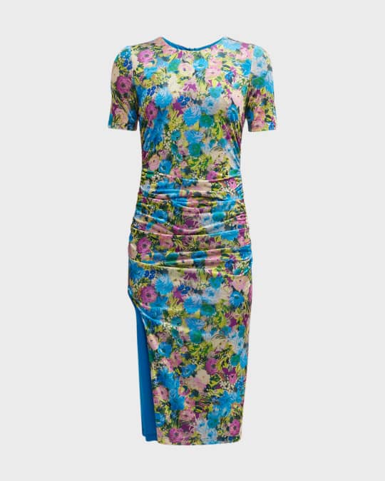 Black Halo Delina Ruched Floral Print Sheath Midi Dress Neiman
