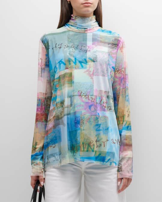 トップス GANNI Printed Mesh Long Sleeve Rollneck Printed Mesh Long Sleeve Rollneck - Blue Shadow