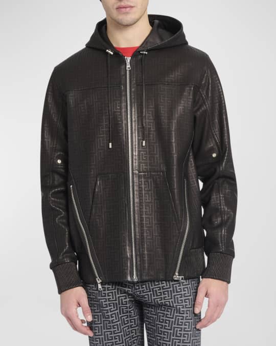 Balmain Men's Monogram Leather Full-Zip Hooded Jacket | Neiman Marcus