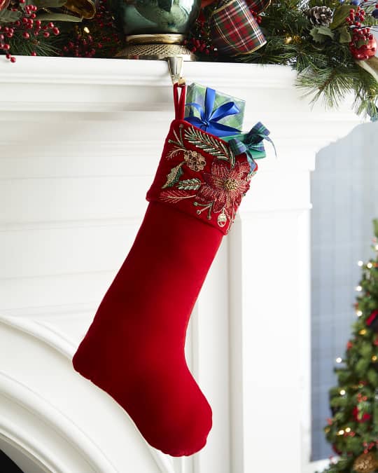 Neiman Marcus Embellished Poinsettia Cuff Velvet Christmas Stocking