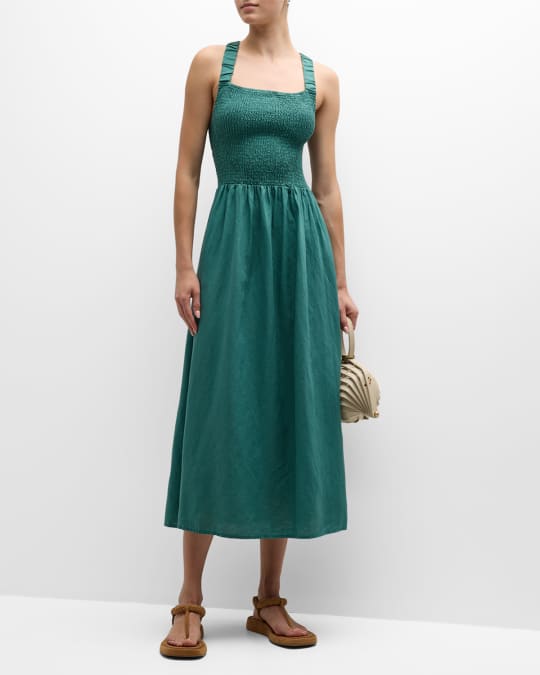 Splendid Arielle Smocked Linen Blend Crisscross Midi Dress Neiman Marcus