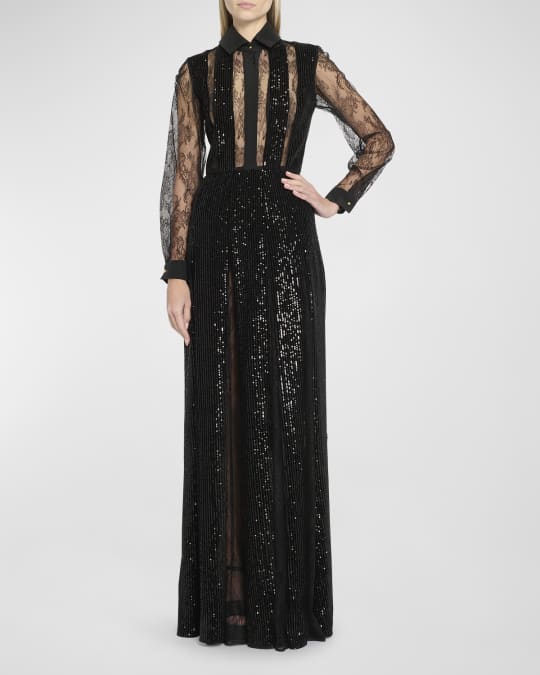 Elie Saab Button-Front Lace Gown with Velvet And Sequin Detail | Neiman ...