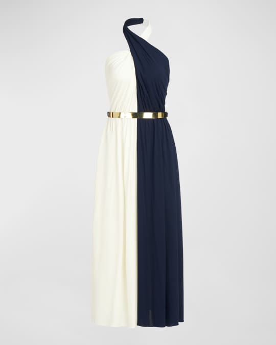 Halston Sondra Crossover Colorblock Halter Maxi Dress | Neiman Marcus