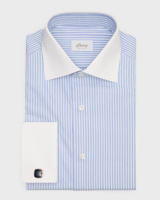 Brioni Men's Contrast Collar/Cuff Stripe Dress Shirt