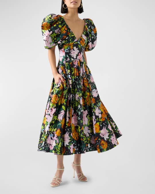 Aje Gabrielle Plunge Puff-Sleeve Fit & Flare Midi Dress | Neiman Marcus