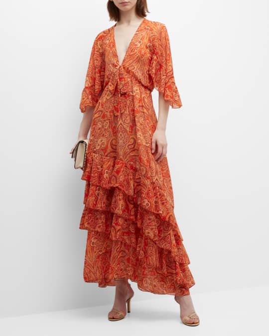 Puff-Sleeve V-Neck Paisley Embroidered Maxi A-Line Dress main image 0