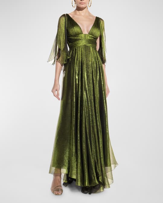 Maria Lucia Hohan Ada Metallic Silk V-Neck Flutter-Sleeve Gown | Neiman ...