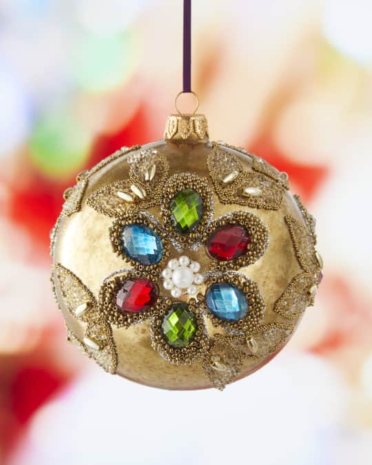 Neiman Marcus Gold Ball Christmas Ornament With Colored Embellishments Neiman Marcus