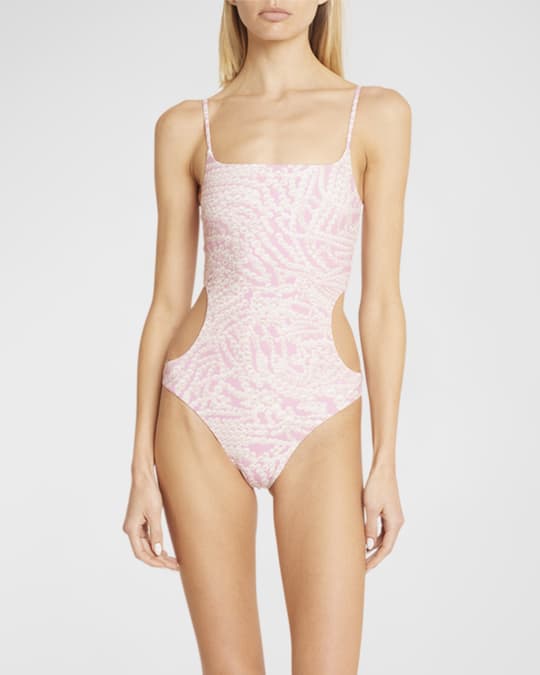 Pearl-Print Cutout One-Piece Swimsuit