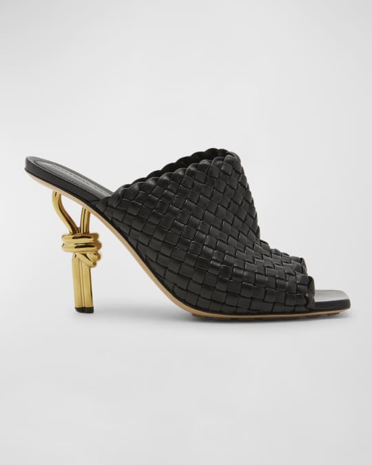 Bottega Veneta 黒 ナパレザー ミュール Bottega Veneta 90mm Mini Weave Nappa Leather Knot Mule Sandals