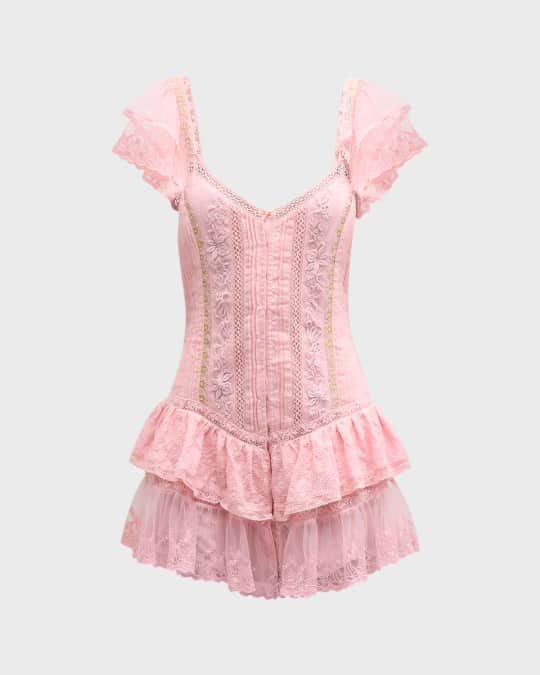 LoveShackFancy Rowley Flutter-Sleeve Tiered Lace Mini Dress | Neiman Marcus