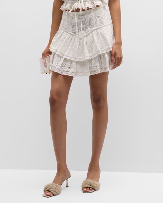 LoveShackFancy Antila Tiered Lace Mini Skirt Neiman Marcus