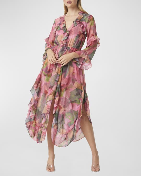 Karina Ruffle Chiffon Handkerchief Hem Midi Dress