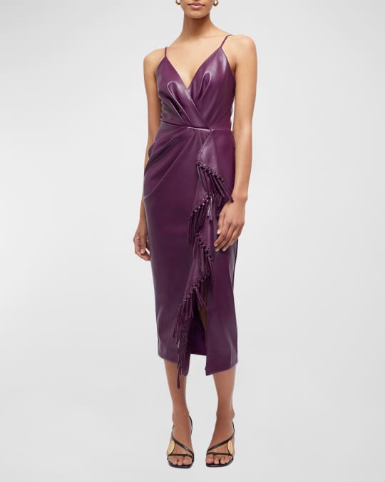 SIMKHAI Carlee Vegan Leather Fringe Faux-Wrap Midi Dress | Neiman Marcus