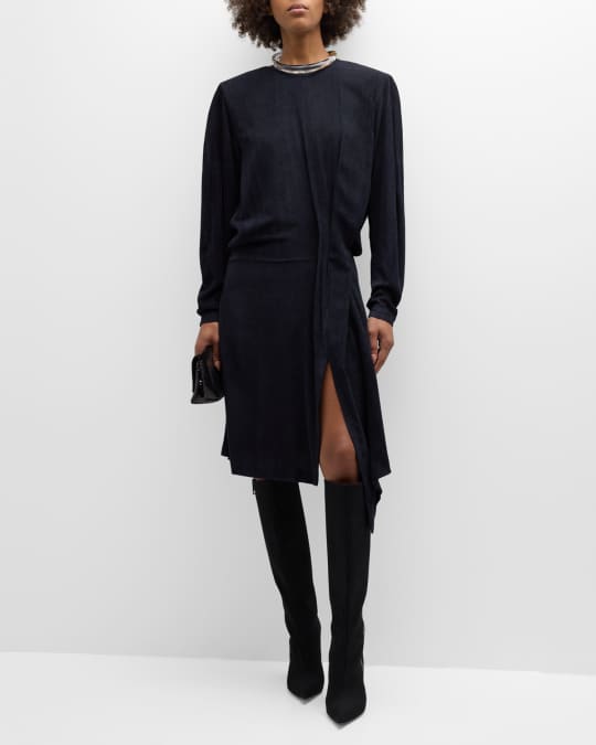 longsleeve midi dress A-Line Flowy Long Sleeve Tie V Neck Pleated Midi Dress, Dark Green / XS