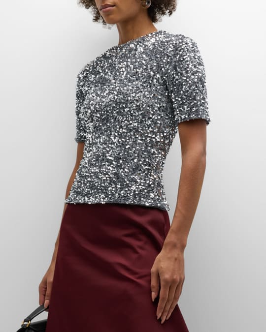 RECTO Twinkle Short Sleeve Sequin Jersey Top Neiman Marcus