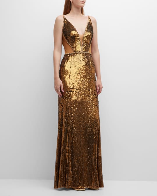 Jenny Packham Amara Sequined Mesh Cutout Plunging Gown Neiman Marcus