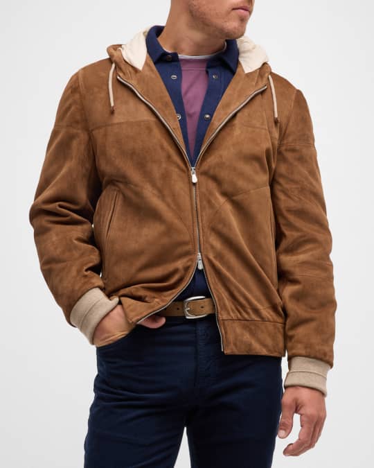 Brunello Cucinelli Men s Suede Full Zip Hooded Bomber Jacket Neiman Marcus