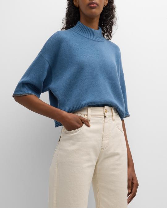 Pull Femme Brunello Cucinelli - Cachemire Bleu - Taille S - Manches Longues Col Montant - Brodé Perles (monili) - Neuf Sans étiquettes