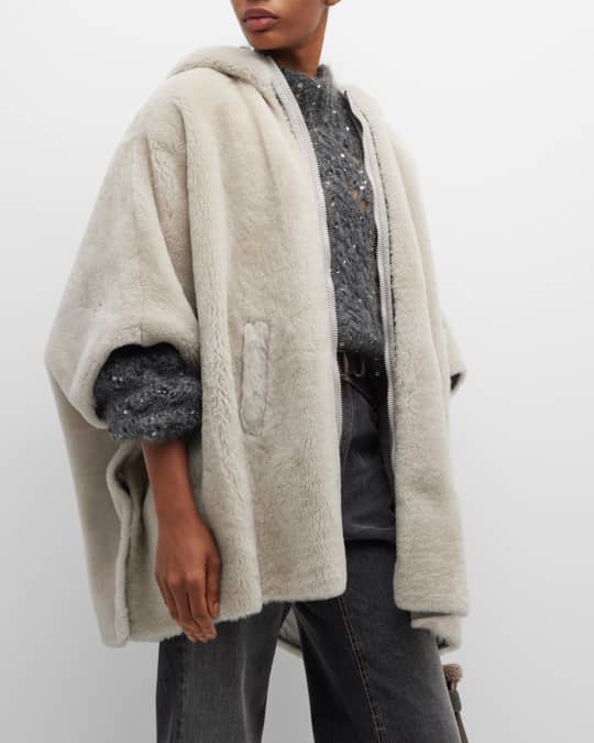 Brunello Cucinelli Shearling Zip-Front Hooded Poncho