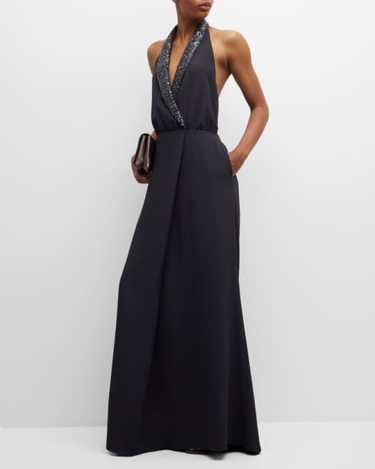 Brunello Cucinelli Cashmere-Mohair Sequin-Trim Halter Gown