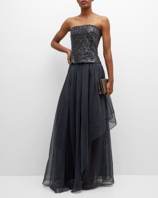 sachin and babi light blue dress Brunello Cucinelli Dark Grey Crepe Feather Epaulette Detail Maxi Dress S Brunello  Cucinelli