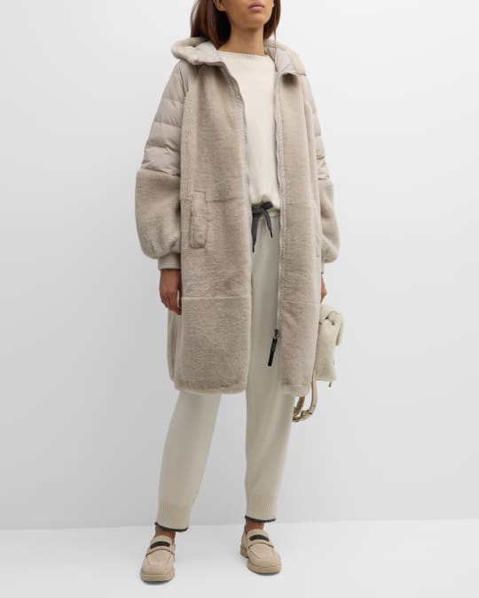 Brunello Cucinelli Padded-Sleeves Sheep Shearling Zip Hooded Coat