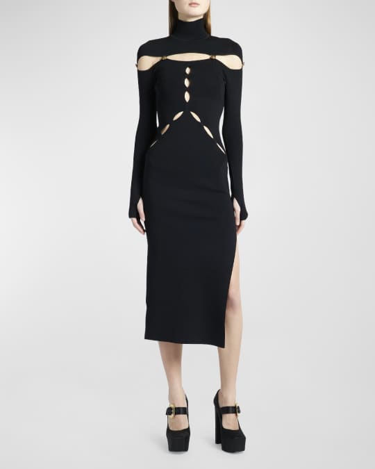 Versace Jeans Couture Knit Cut-Out Long Sleeve Midi Dress | Neiman Marcus