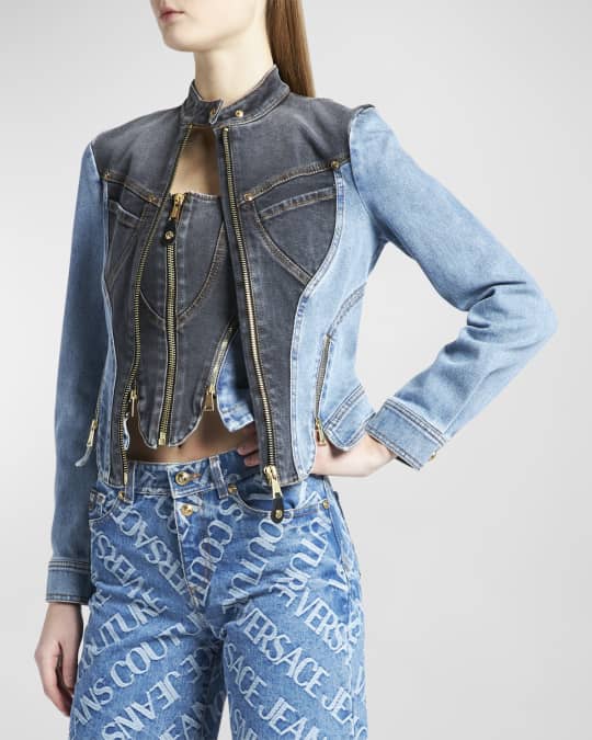 Versace Jeans Couture Two Tone Zip Front Denim Jacket Neiman Marcus