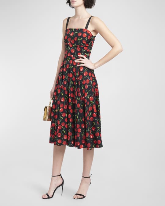 Dolce&Gabbana Cherry Charmeuse Ruched Midi Dress | Neiman Marcus