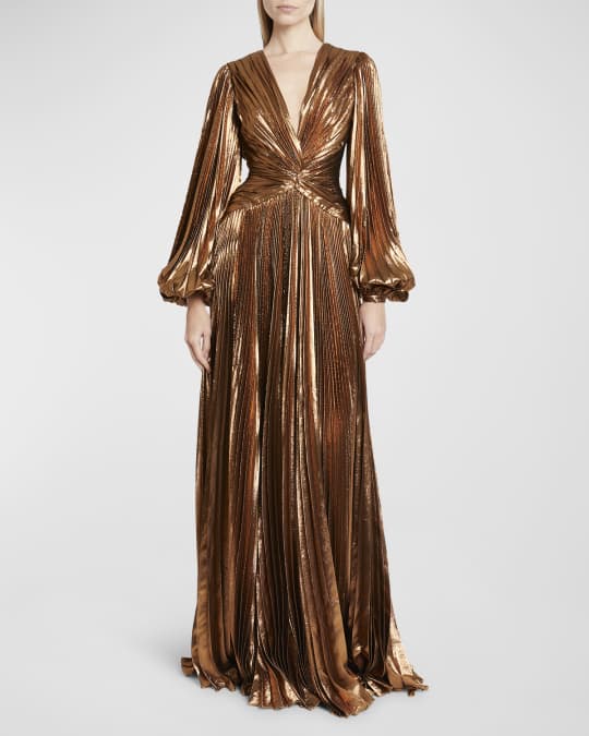 Zuhair Murad Plunging Metallic Lame Pleated Long Sleeve Gown